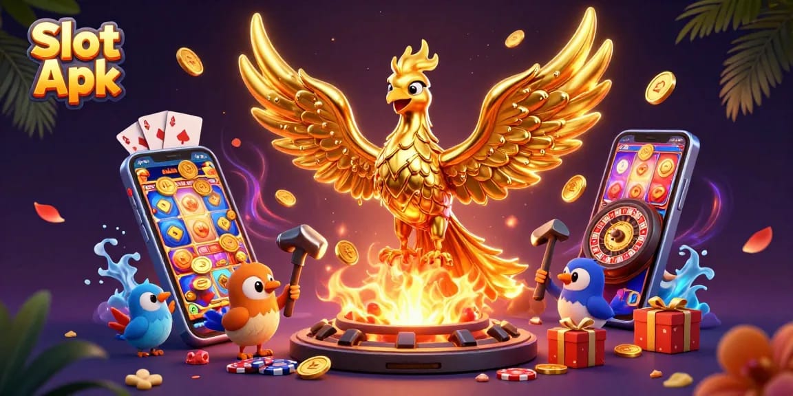 Experience the excitement of Slot Apk with a golden phoenix and slot game elements.
