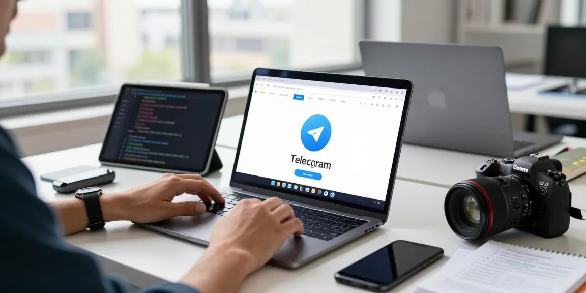 Using the Telegram Web Version on a laptop in a modern workspace filled with tech gadgets and natural light.