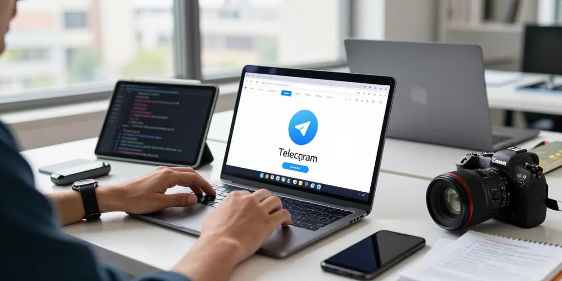 Using the Telegram Web Version on a laptop in a modern workspace filled with tech gadgets and natural light.