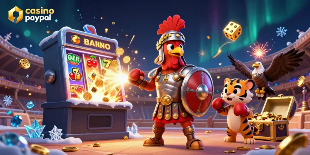 Experience thrilling gameplay with the vibrant casino paypal scene featuring a dynamic rooster and tiger cub.