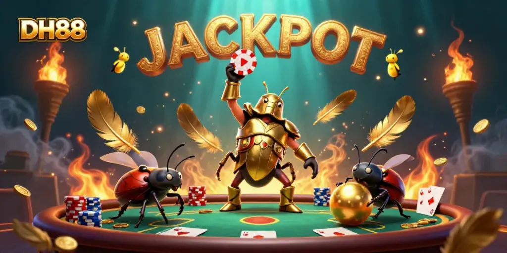 Experience the thrill of DH88 poker with a victorious beetle and friends celebrating a jackpot