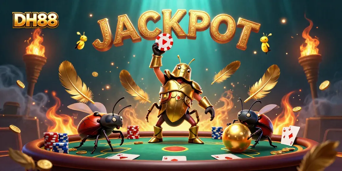 Experience the thrill of DH88 poker with a victorious beetle and friends celebrating a jackpot