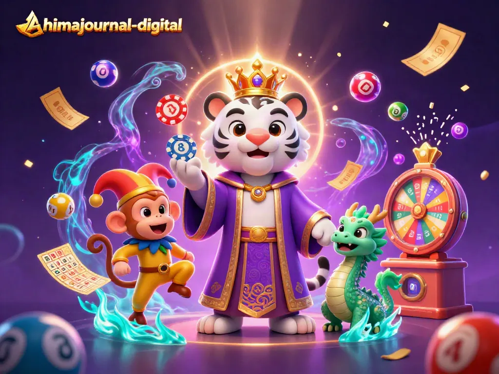Experience luck with ahimajournal-digital as a playful monkey juggles poker chips amidst vibrant casino elements.