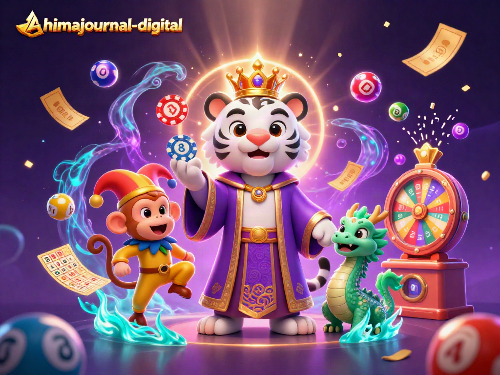 Experience luck with ahimajournal-digital as a playful monkey juggles poker chips amidst vibrant casino elements.