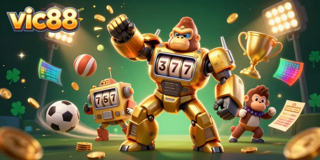 Experience the excitement of VIC88 with a dynamic illustration featuring a golden gorilla mech and sports elements.