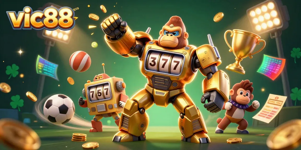 Experience the excitement of VIC88 with a dynamic illustration featuring a golden gorilla mech and sports elements.