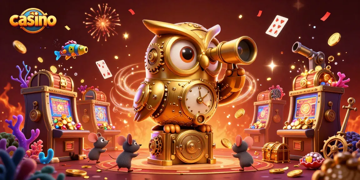 Catch the thrill of the casino experience with a golden owl, vibrant slot machines, and festive celebrations.