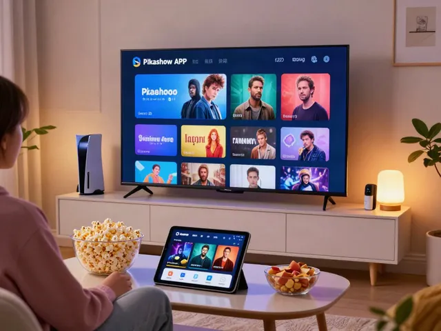 Enjoying a movie with PikashowAPK.com in a cozy living room setup