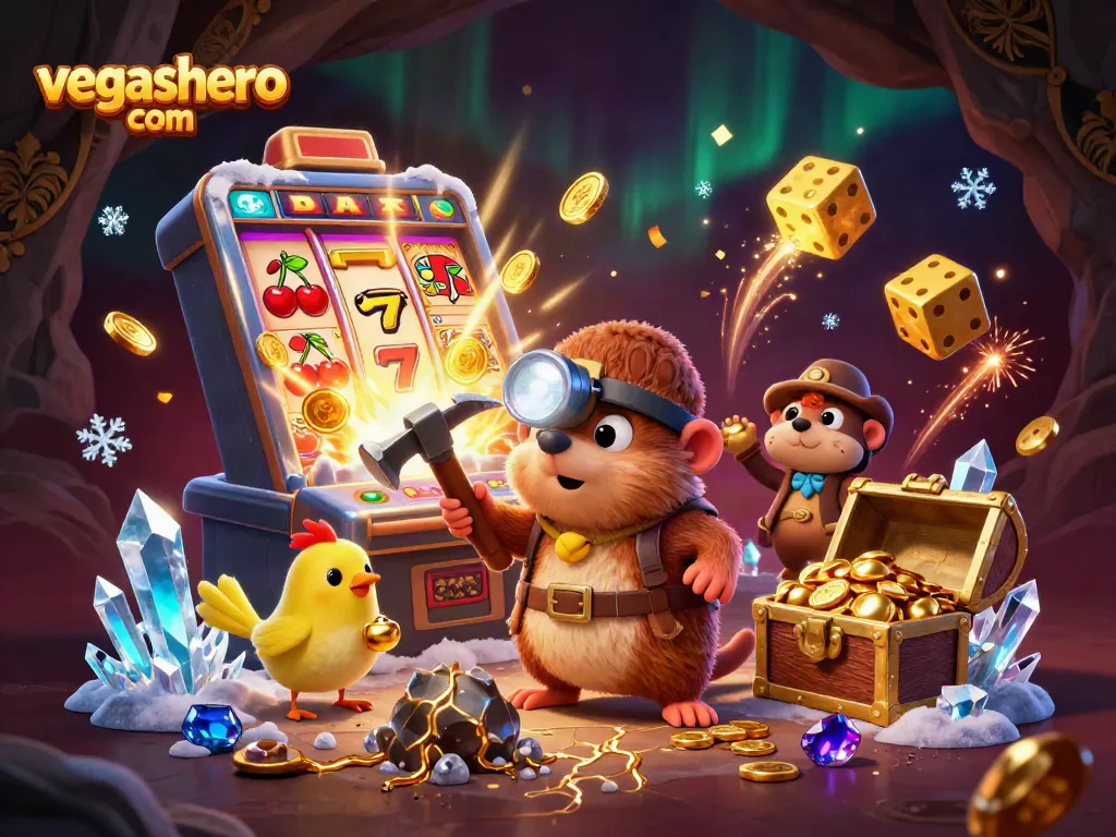 Join the adventures at vegashero com, where a cartoon treasure hunter explores a vibrant casino cave, uncovering riches and games.