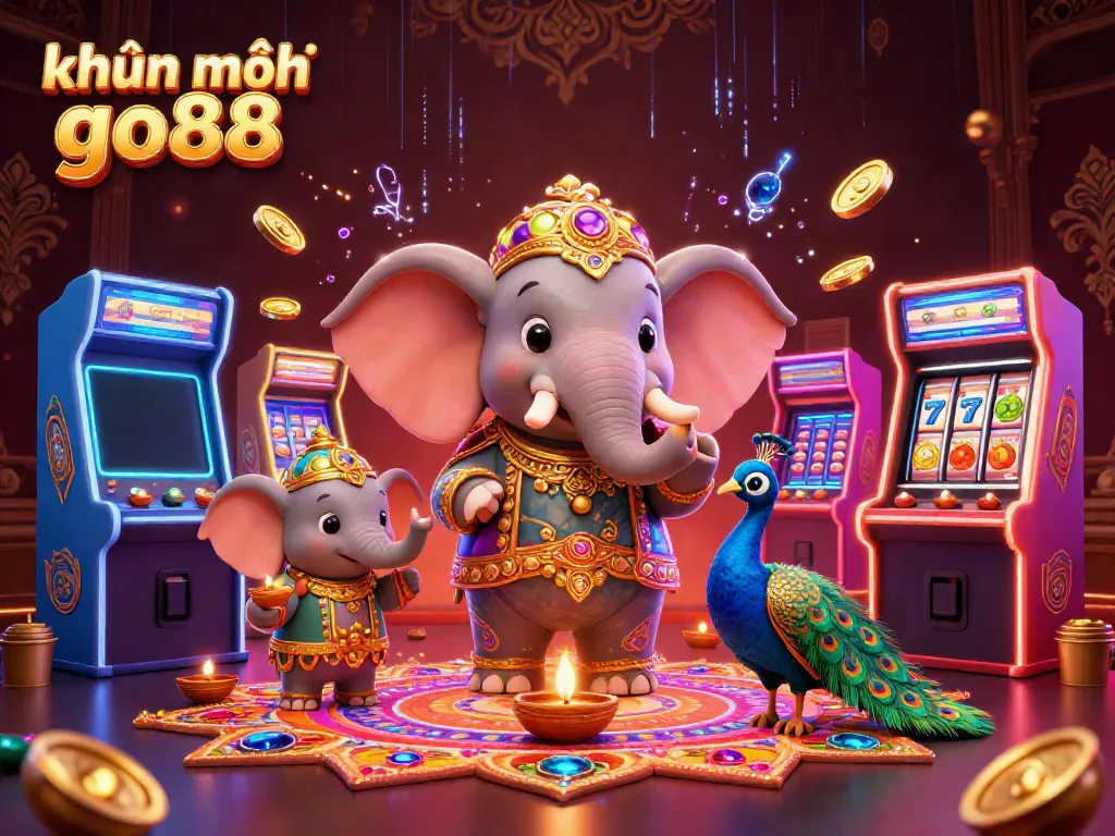 Experience the khuyến mãi go88 excitement with vibrant 3D casino elements featuring a Diwali-themed elephant and peacock.