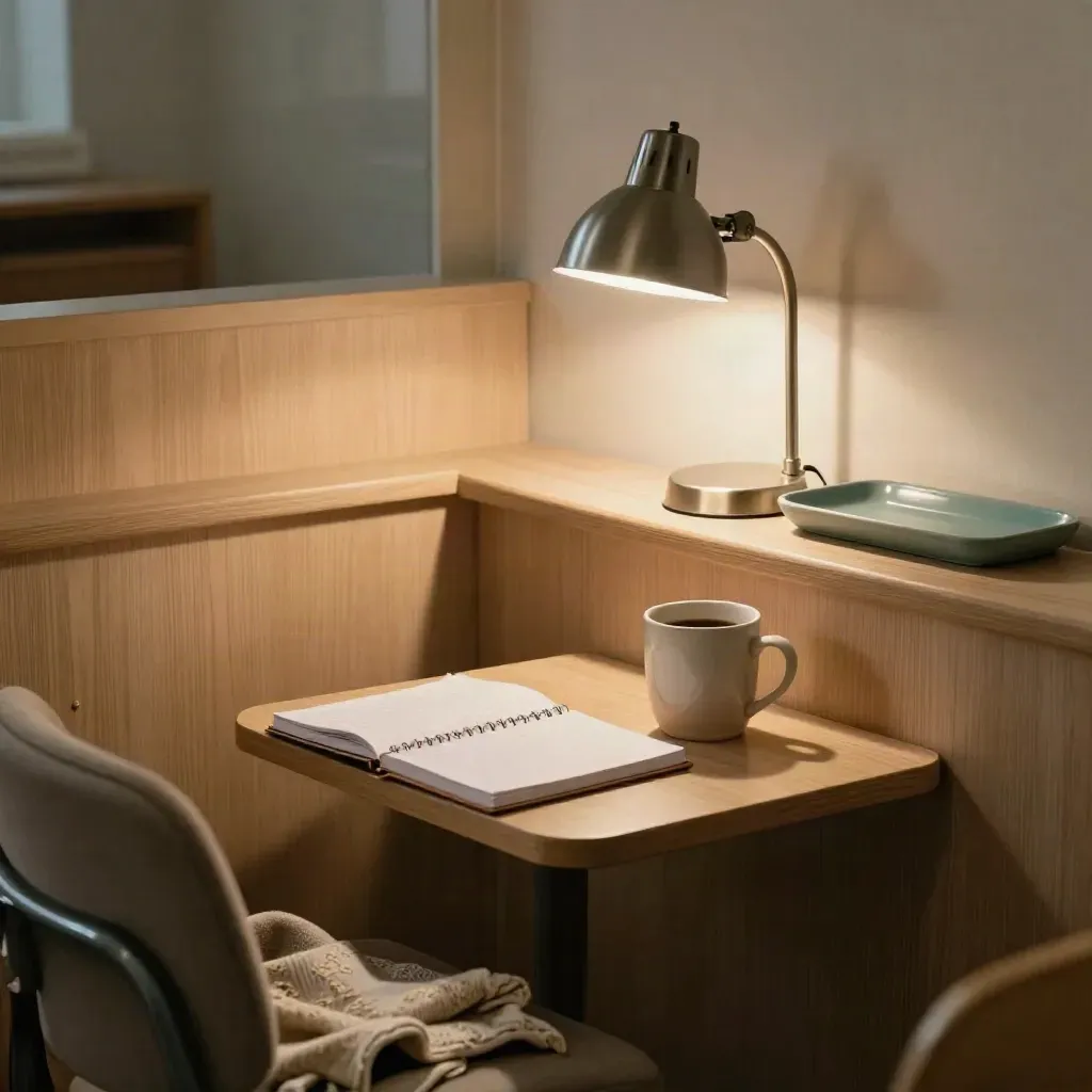 Rustige coachinghoek in de staffruimte met notebook, mok, plaid en lamp.