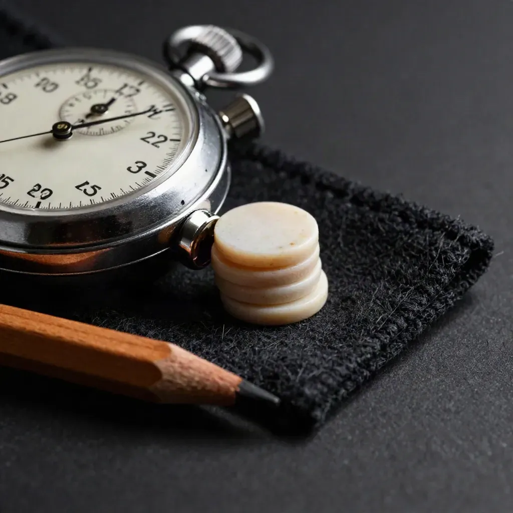 Versleten stopwatch, gedragstokens en potloodstompje op zwart vilt in schuin licht.
