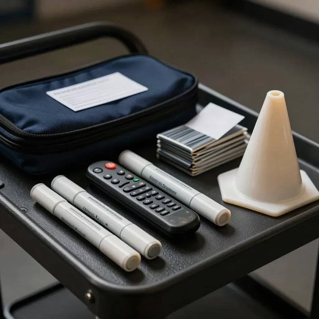 Trainerkit met markers, clicker en grenskegel op donkere trolleyplank, dramatisch uitgelicht.