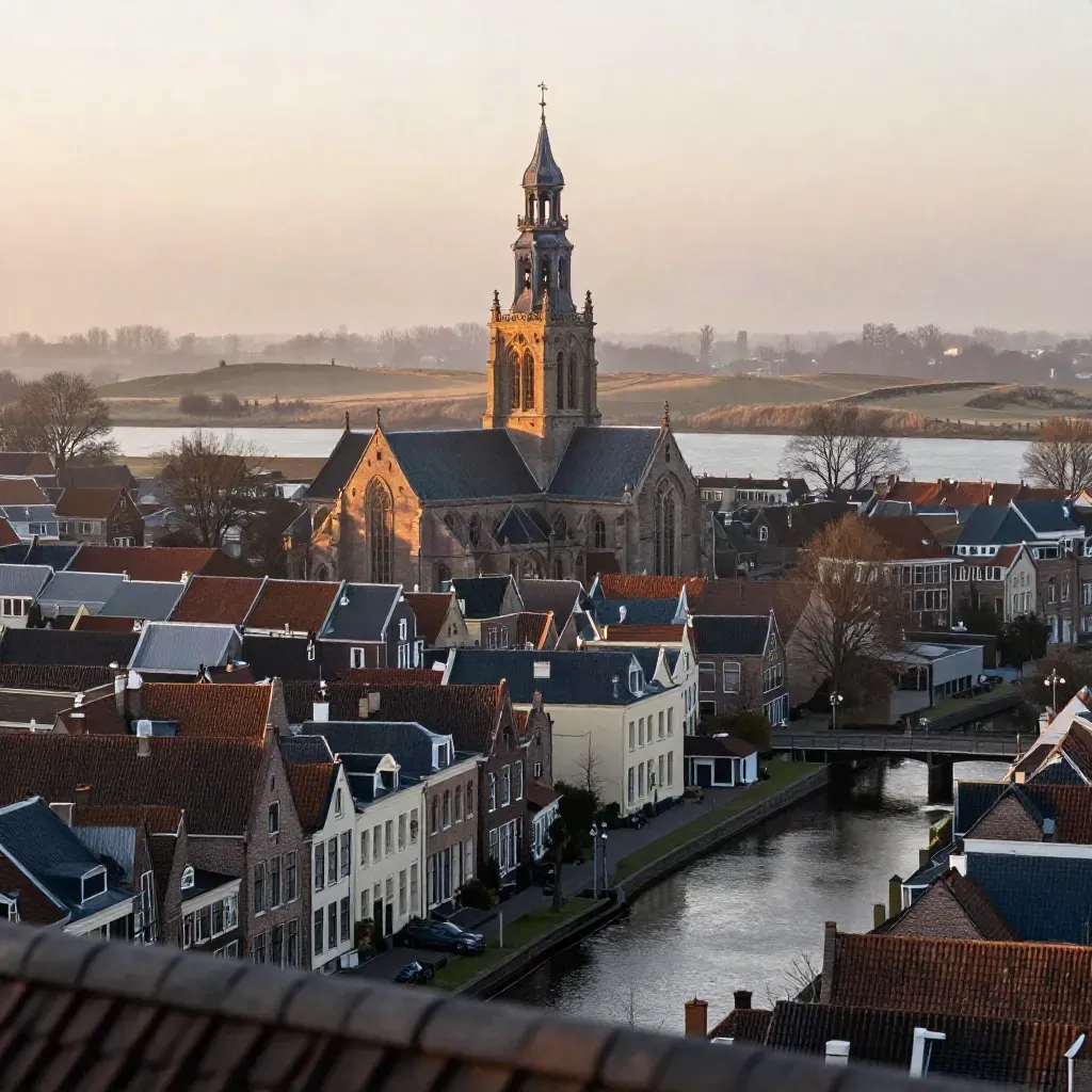 Grote Kerk in Haarlem boven stille grachten en zachte ochtendmist bij goud licht.