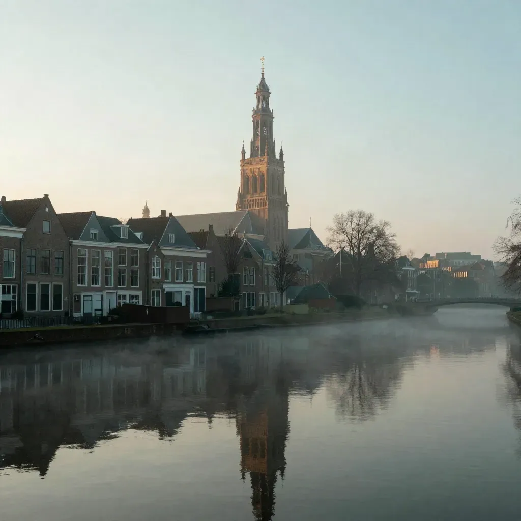 Zonsopgang boven Delft met de Nieuwe Kerk, stille gracht en zachte nevel.