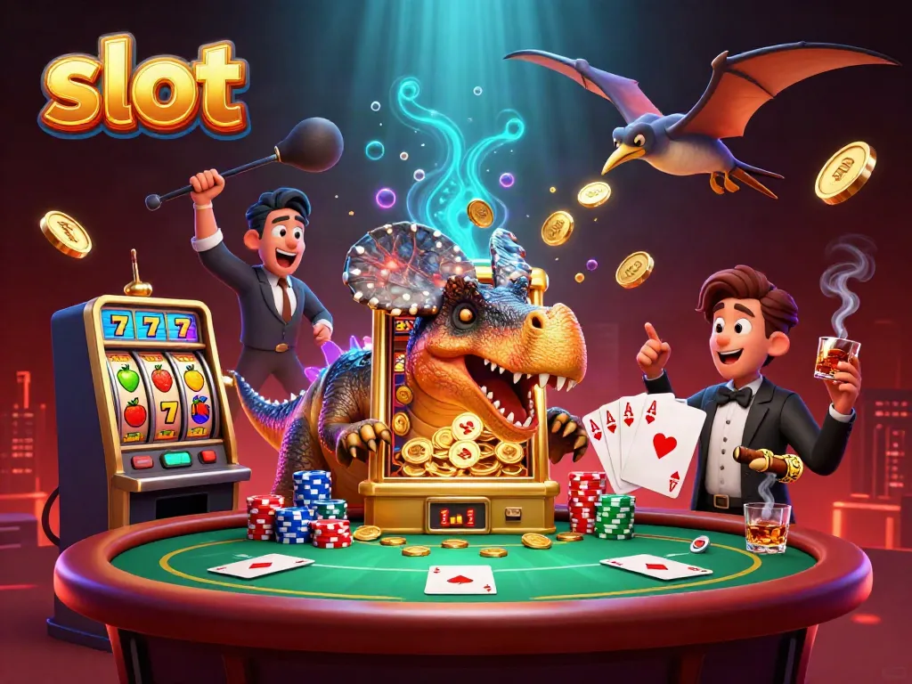 Enjoy exhilarating slot action with a colorful scene of cartoon dinosaurs at a lively casino.