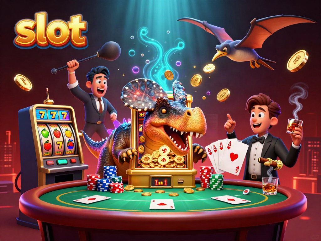 Enjoy exhilarating slot action with a colorful scene of cartoon dinosaurs at a lively casino.