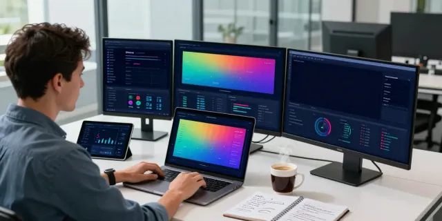 A data analyst reviewing AI search visibility analytics on multiple monitors in a modern workspace.