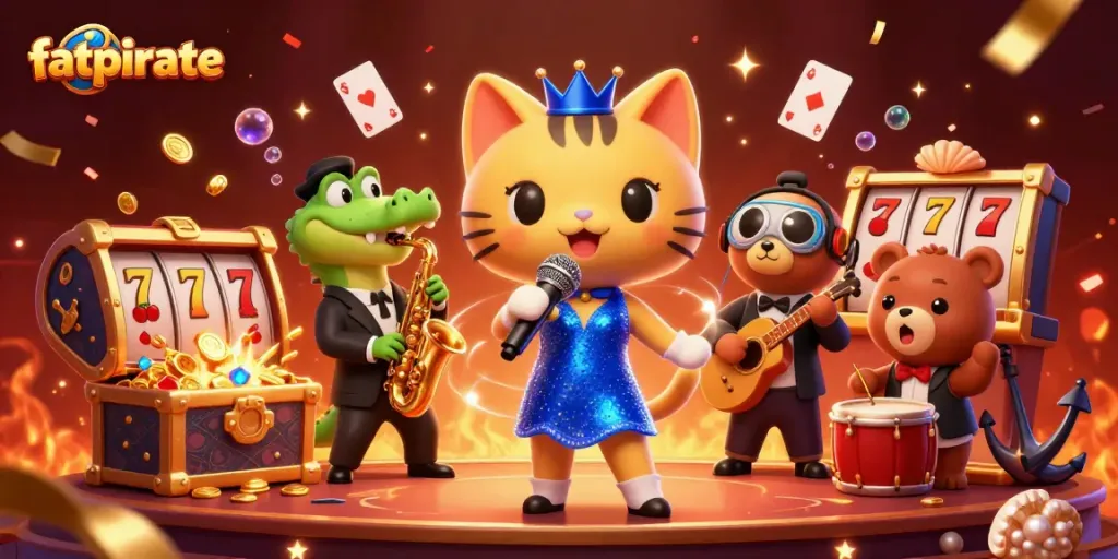 Experience the vibrant world of fatpirate with a 3D jazz-singer cat, saxophone crocodile, and drum bear amidst dazzling casino elements.