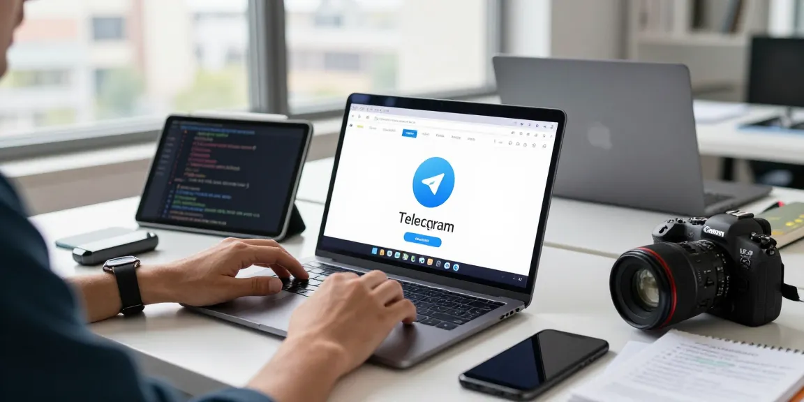 Using the Telegram Web Version on a laptop in a modern workspace filled with tech gadgets and natural light.