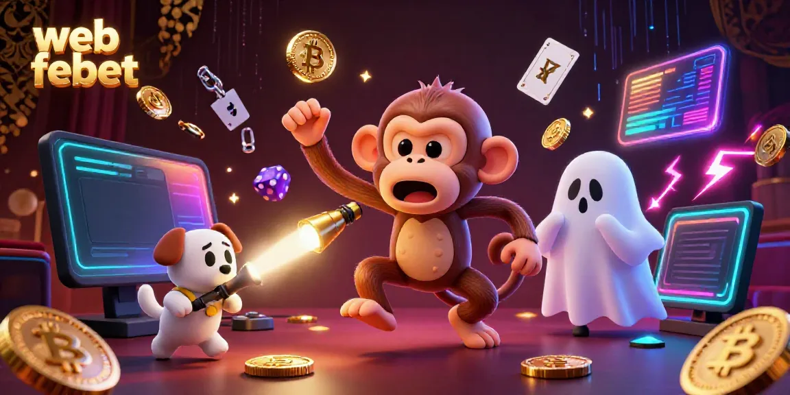 Engage with web febet's dynamic casino scene featuring a playful monkey and ghost-hunter puppy amid cryptocurrency elements.