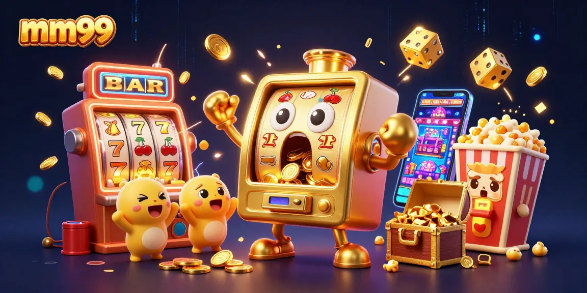 Experience the excitement of mm99 with a lively jackpot scene featuring golden slot machines and cheerful game elements.