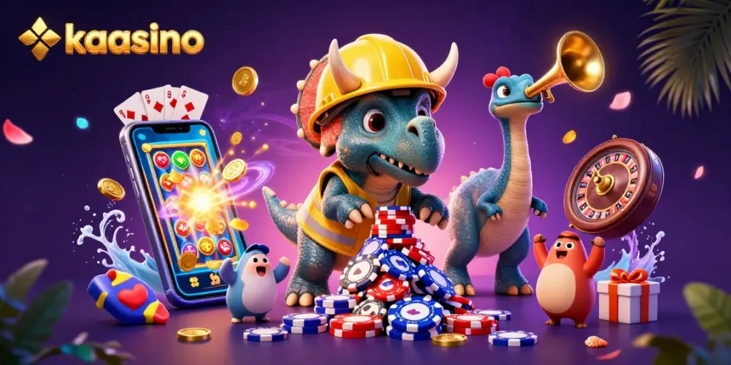 Kaasino's cartoon triceratops celebrates with poker chips and vibrant gaming elements.