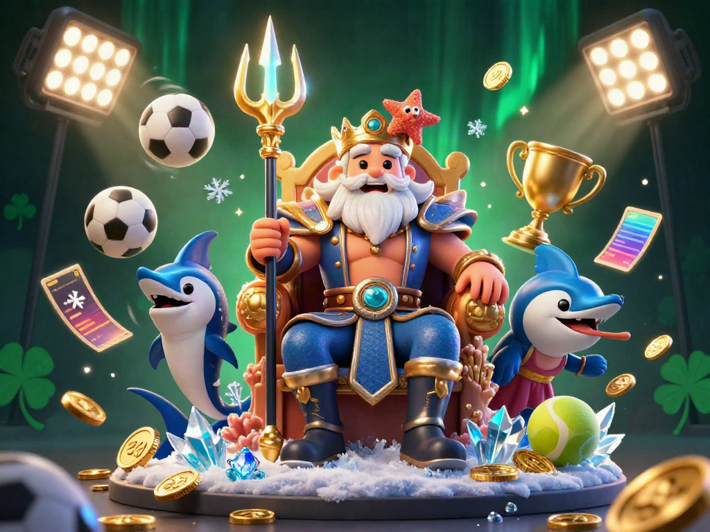 Experience the thrill of sunwin with Neptune and his companions in this vibrant casino-themed illustration.