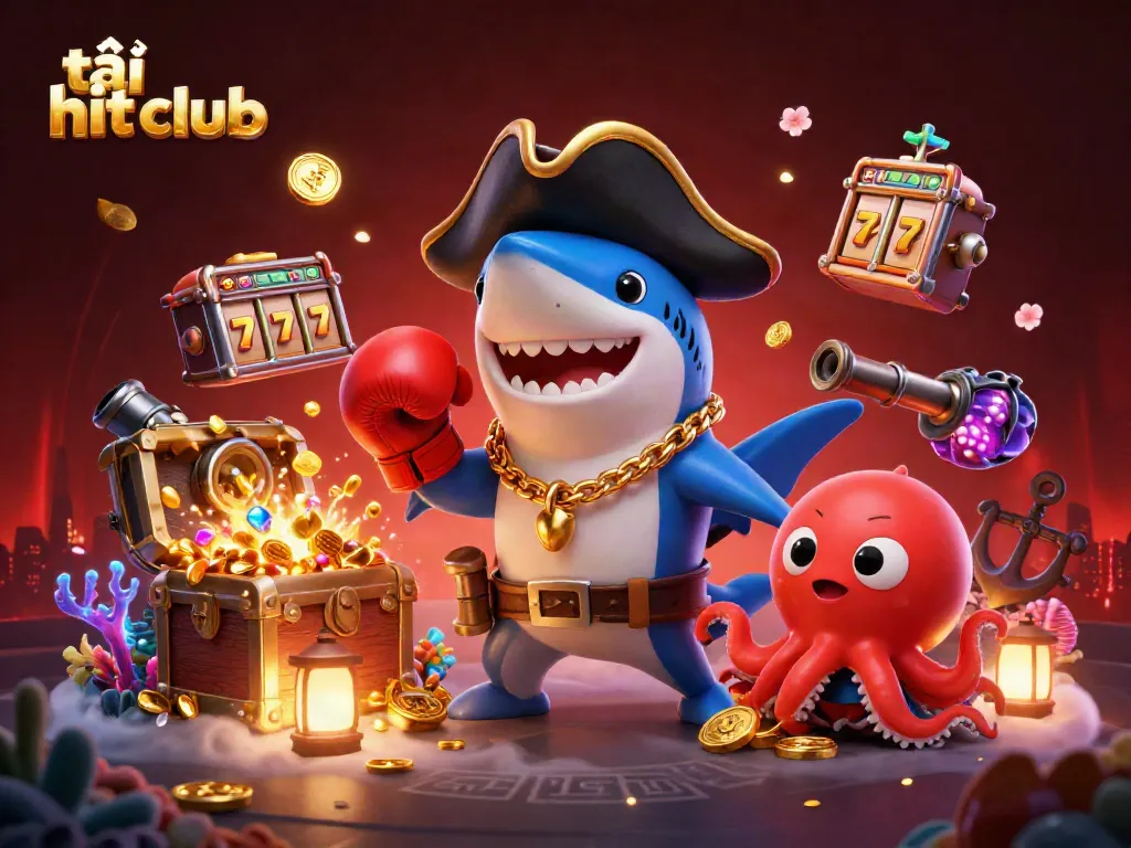 Experience the excitement of tải hit club with our vibrant 3D digital illustration featuring a pirate shark and treasure elements.